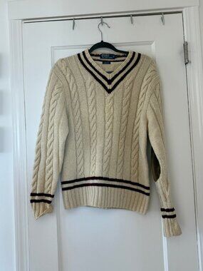 Polo Ralph Lauren Cricket Cable Knit Sweater Cream Maroon Size P